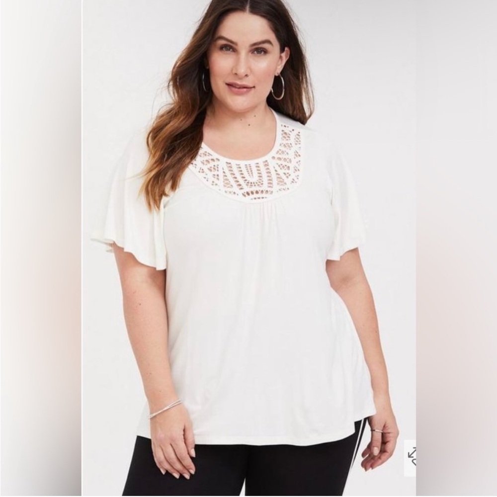 Torrid White Flutter Sleeve crochet/lace neck Blouse